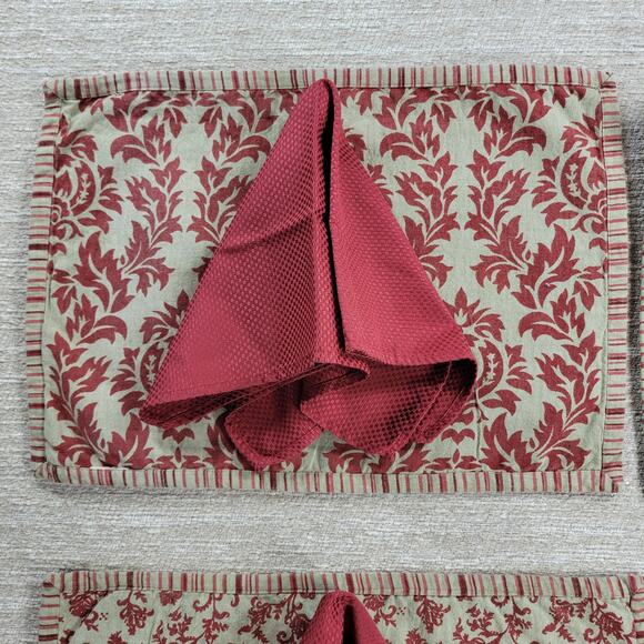 Arhaus Damask Floral Placemats Napkins Red Tan  Cotton Set of 4 - Picture 15 of 16